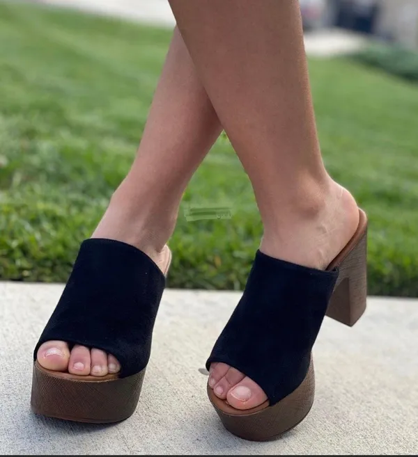 Black Vegan Suede Peep Toe Clog Mule Block Heel - Image 3