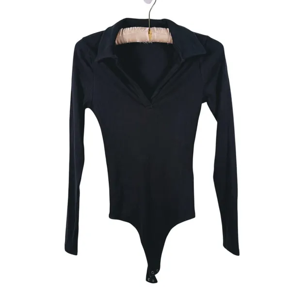 Abercrombie & Fitch Ribbed Polo Long Sleeve Bodysuit Size S Black Preppy Capsule - Image 2