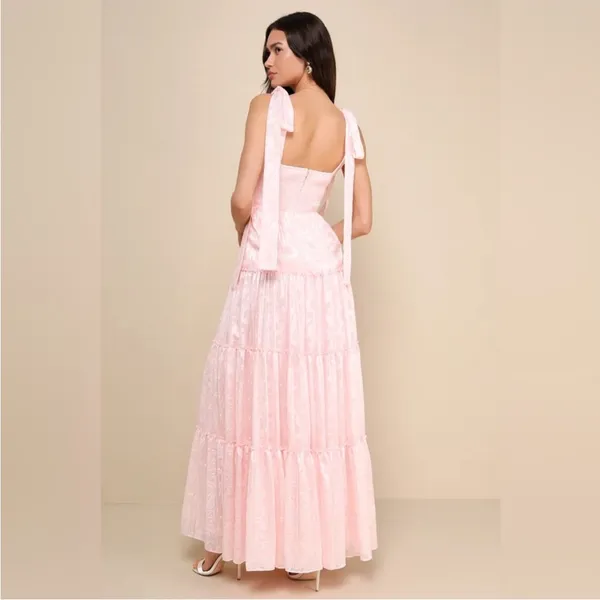Lulus NWT Picturesque Allure Blush Pink Jacquard Tie Strap Maxi- Size Small - Image 3
