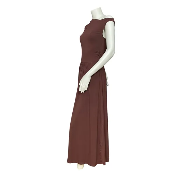 Zesica Dress Off One Shoulder Dropped Waist Brown Clingy Fitted Small Sleeveless - Image 4