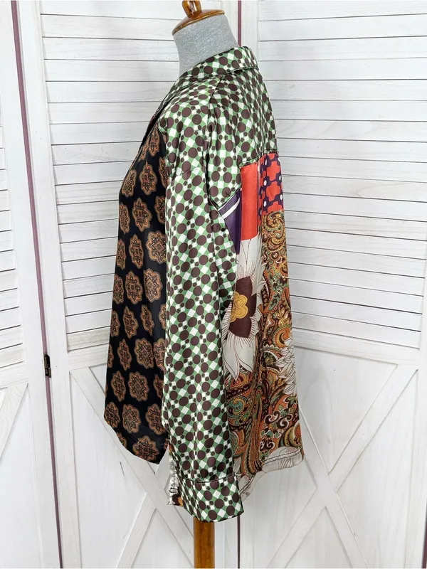 Urban‎ Outfitters Retro Multi Print Patchwork Satin Oversized Shirt Small - Image 2