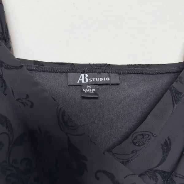 VTG 90s Fairy Grunge Babydoll Velvet‎ Paisley Tie Waist Top Medium Black Floral - Image 5
