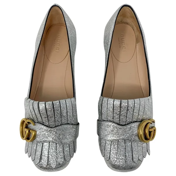 Gucci Silver Foiled Leather Marmont GG Logo Kiltie Fringe Flat Loafers EU 35 - Image 2