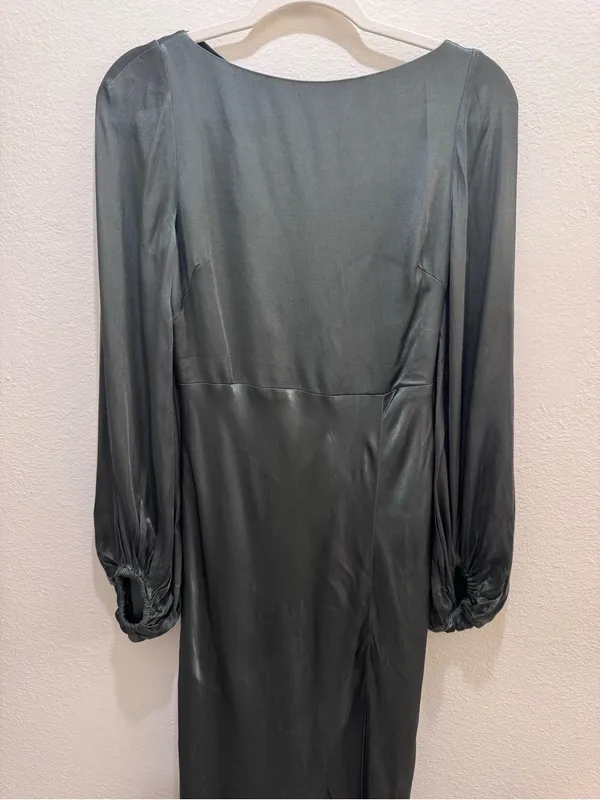 Shona Joy La Lune Balloon Sleeve Backless Midi Dress Slit Olive Green Size 4 - Image 4