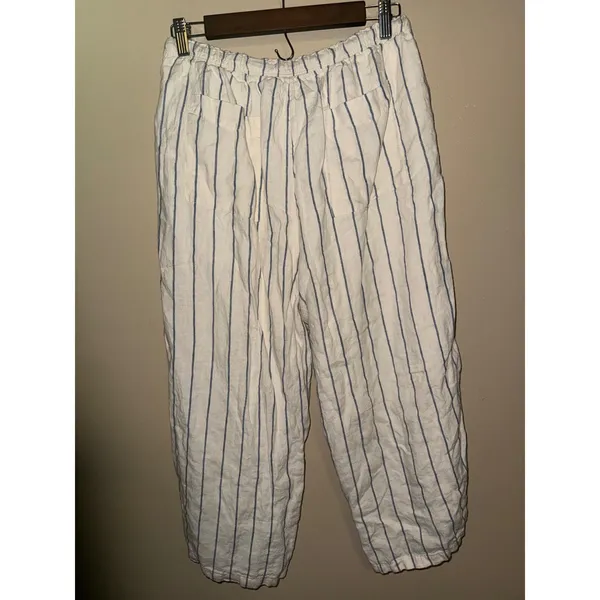 J.Crew Soleil Pant whiteblue stripe linen wide leg draw string CK022 M Lagenlook - Image 7