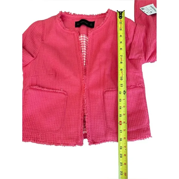 Zara Basic Cotton Tweed Jacket Frayed Fringe Pink Womens Size Medium NEW - Image 7