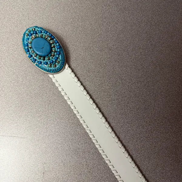 Chicos Leather Belt Small Womens White Embellished Buckle Beaded Faux Turquoise - Image 3
