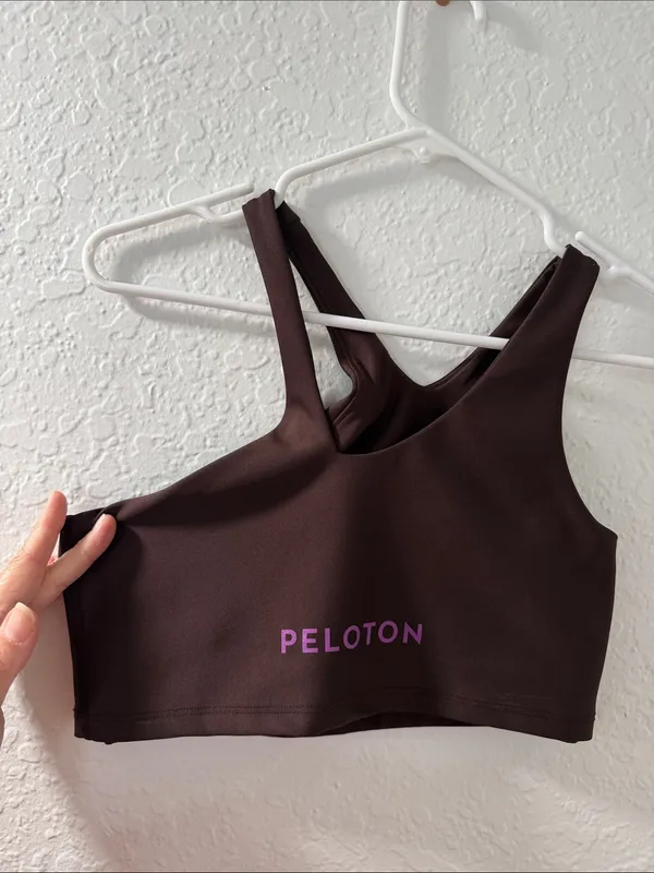 PELOTON Women's Chocolate Brown Asymmetric Cropped Sports Bra with Purple Logo - Image 8