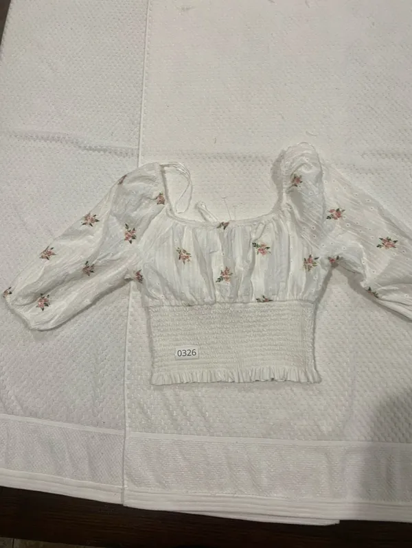 Kirious White Cropped Peasant Top with Pink Floral Embroidery - Image 2
