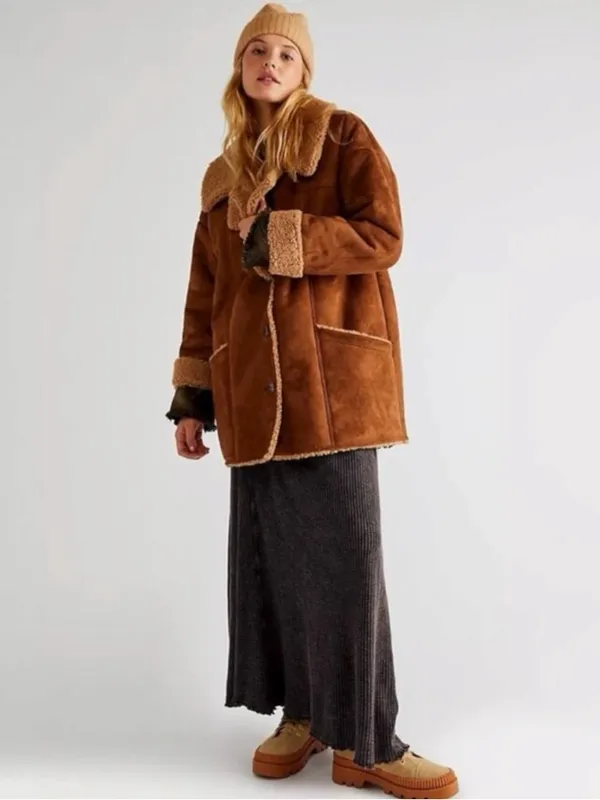 Free People Western Bohemian Retro 70s Faux Sherpa Suede Diogo Coat Size Medium - Image 12