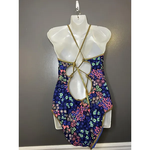 Aerie Swimsuit Womens XL Blue Floral One Piece Triangle Crisscross Back Strappy - Image 6