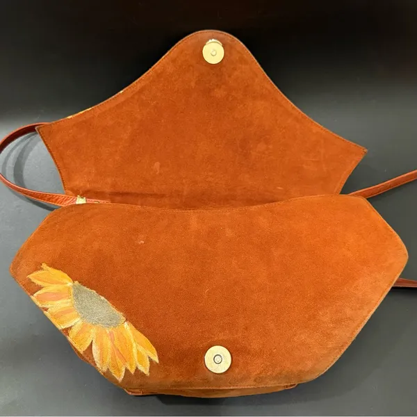 Vintage CHARLES JOURDAN Brown Suede Leather Hand-painted Sunflower Crossbody Bag - Image 11