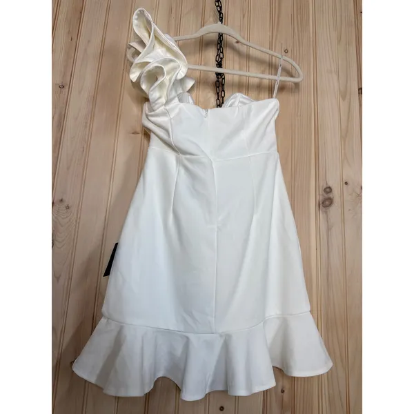 WT Lulus Captivate Me White One-Shoulder Ruffled Trumpet Mini Dress Bride Medium - Image 3