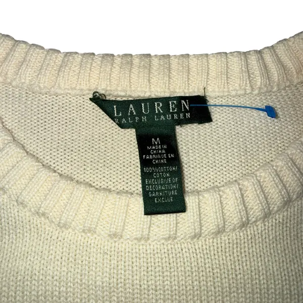 VTG Lauren Ralph Lauren American Flag Cotton Knit Sweater Cream Women Medium Y2K - Image 5