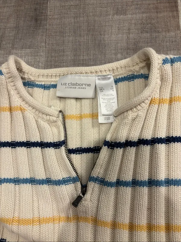 Striped Rib-Knit Crewneck Sweater - Cream with Navy & Blue Stripes - Image 2
