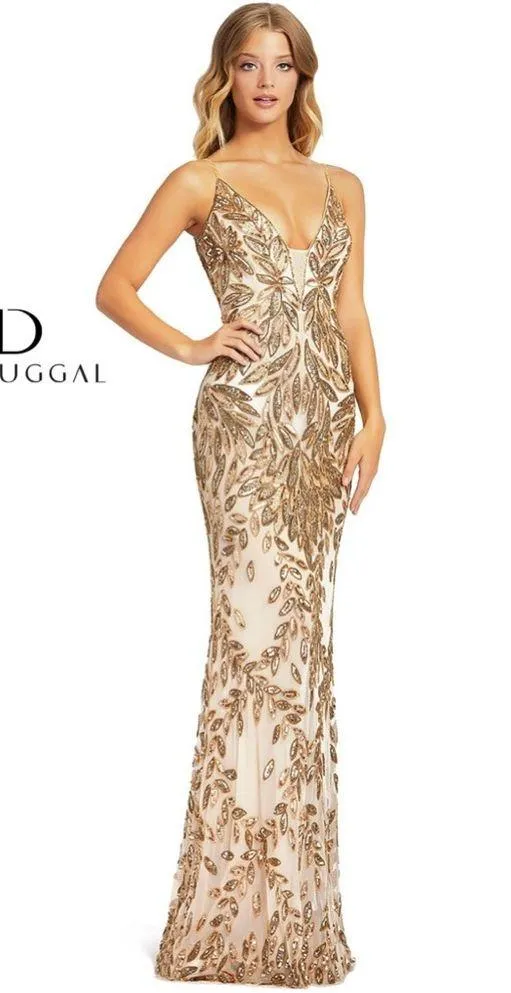 NWT Mac Duggal Style 5107 Plunging Neckline Sequins Gown Dress Gold Nude Size 10 - Image 3