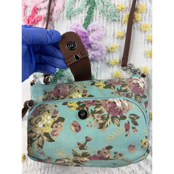 Mint Floral Canvas Crossbody Bag Small Rose Print Shoulder‎ Purse NB15A114 - Image 5