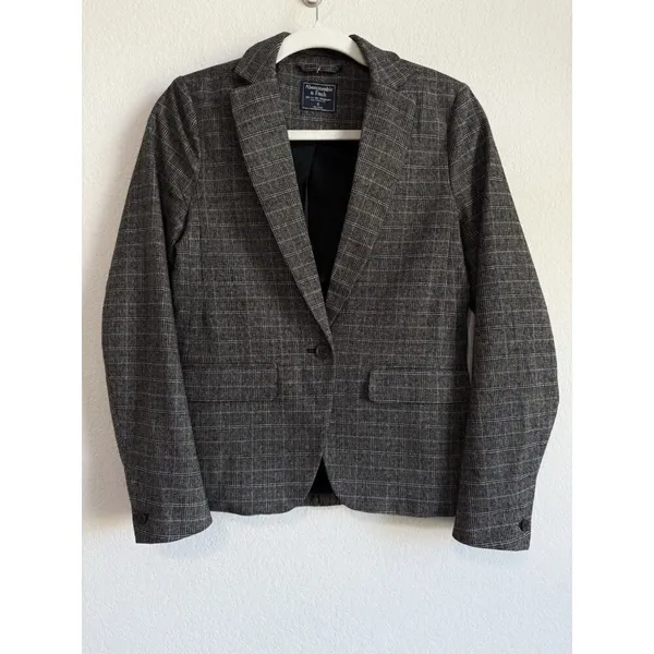 Abercrombie & Fitch Womens 0 Windowpane Single Button Blazer Gray‎ Plaid Stretch - Image 6
