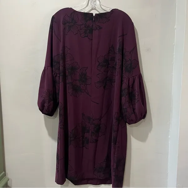 Ann Taylor Factory Purple Shift Dress Size 14 Long Balloon Sleeves Flowers‎ - Image 7