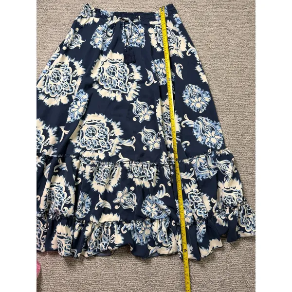 Tahari Navy Blue Floral Paisley Smocked Tassel Tiered Maxi Skirt Womens Large‎ - Image 6