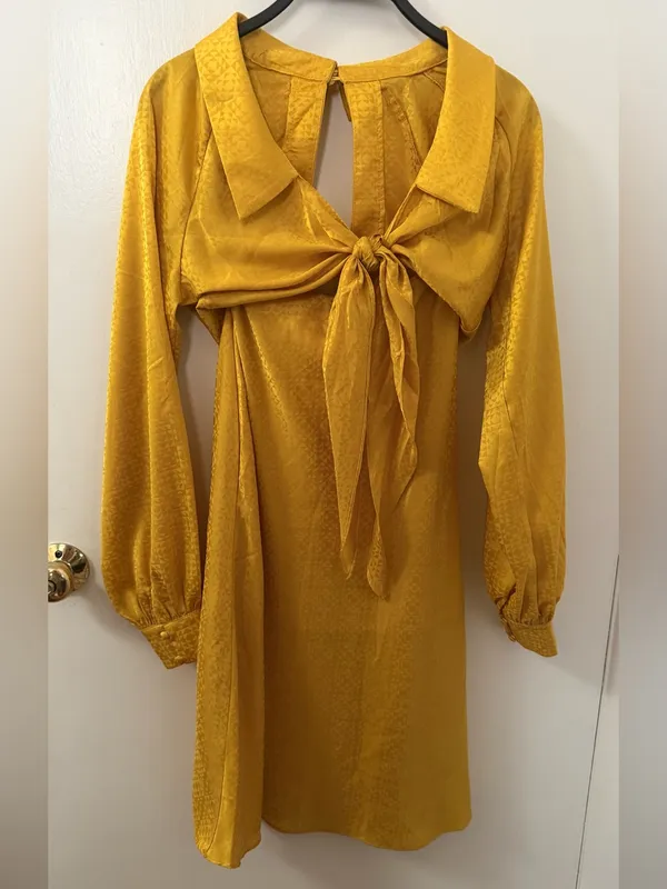 NWT Rare London Anthropologie Textured Golden Yellow Satin Tie-Front Dress - Image 15