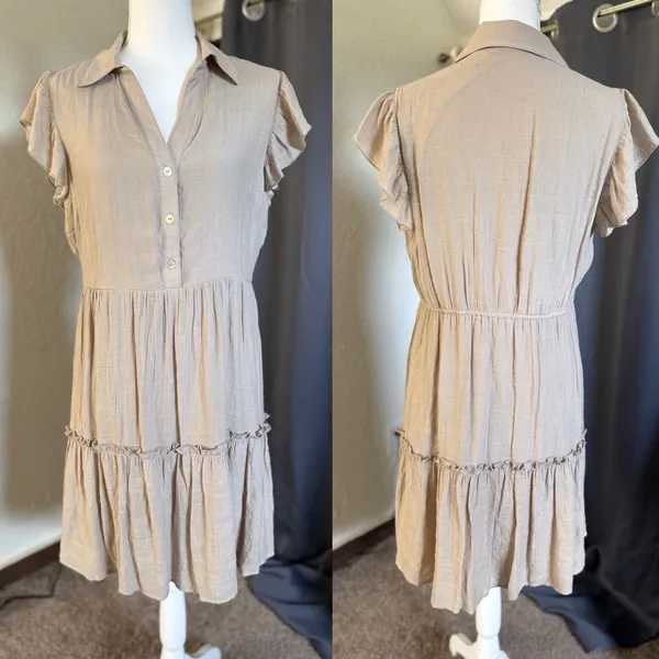 Emma &‎ Michele Shirt Dress Womens Medium Tan Flutter Sleeve Tiered Boho - Image 15