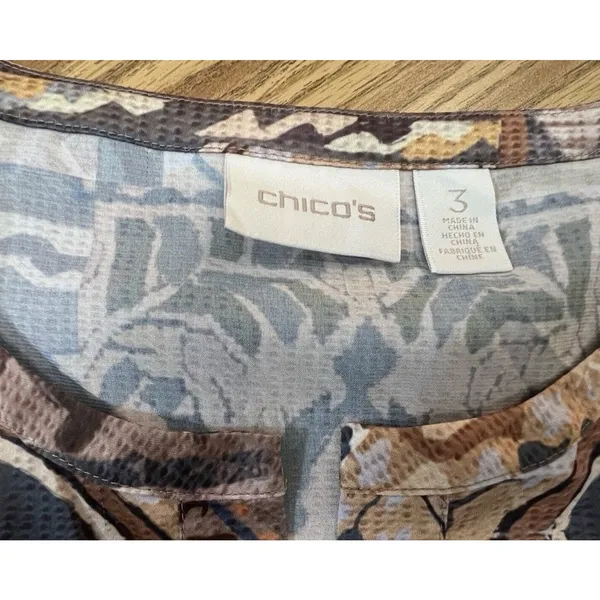 Chico's Women’s xl Aztec Brown Print Gold silky tie sleeves career Tribal Size 3 - Image 3