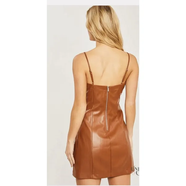 Kurious Los Angeles Brown Faux Leather Square Neck Strappy Back Mini Dress S - Image 4
