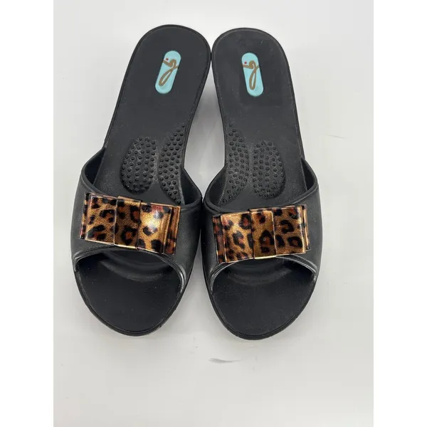 Oka-B Leopard‎ Bow Wedge Sandals Womens 6 Black Slides Shoes Made in USA - Image 6
