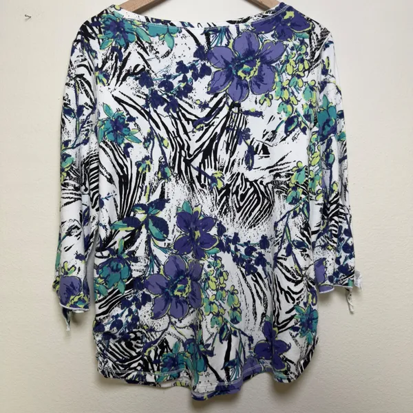 Hot Cotton Women Floral Zebra Print 3/4 Sleeve‎ Top White Purple Large Artsy - Image 8