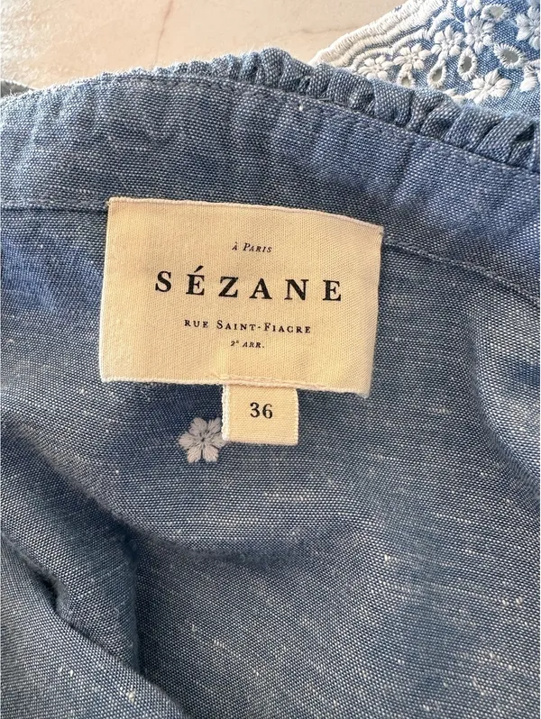 Sézane Embroidered Francesca Blouse Blue Chambray Women’s size 36 US 4 Small - Image 7