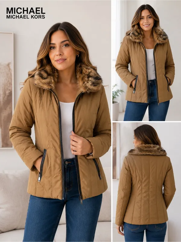MICHAEL Michael Kors Quilted Puffer Jacket with Faux-Fur Collar in Camel/Tan - Image 2