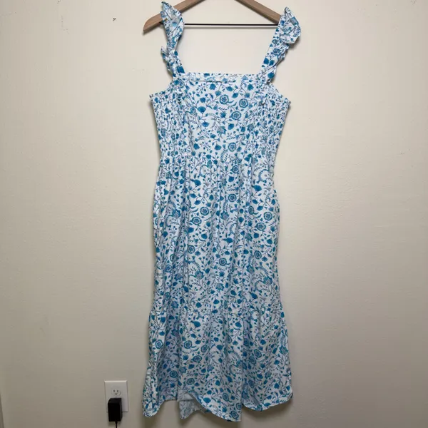 Draper James Women Midi Dress XXL Blue Floral Smocked Cottage Flutter‎ Sleeve - Image 4