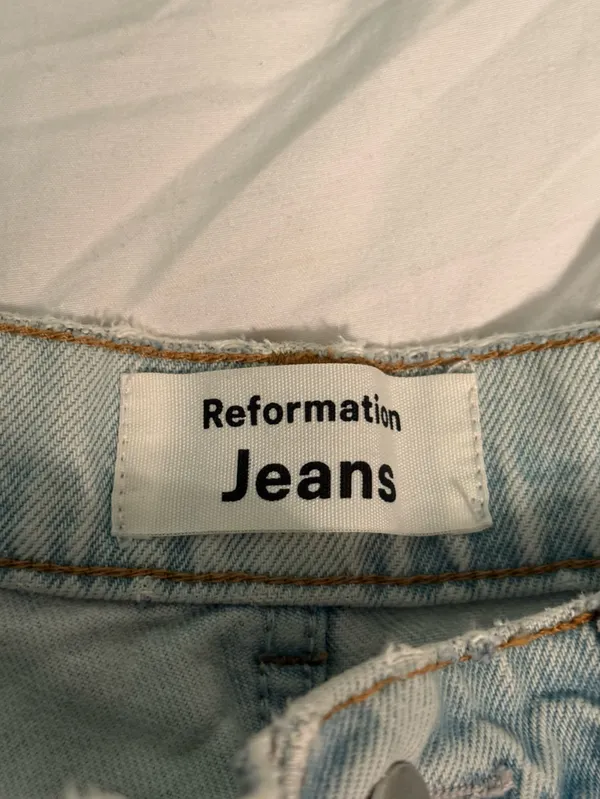 Reformation Jeans Cynthia High Rise Straight Leg Patch Jeans in Tahoe Wash - Image 5