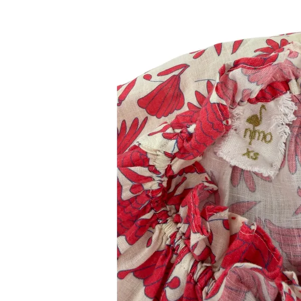 Nimo With Love Linen Bird Print Ruffle Neck Blouse‎ Red Cream Size XS - Image 9
