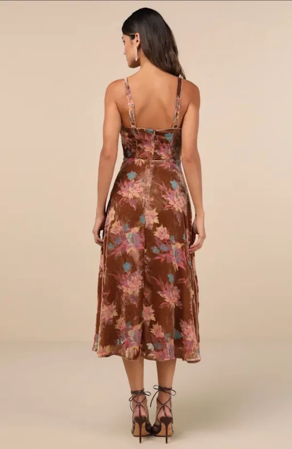 Lulus Coveted Grace Brown Velvet Burnout Bustier Midi Dress - Image 2