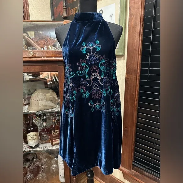 Free People Velvet Embroidered Halter Mini Dress Navy Blue Floral Sequin - Image 2