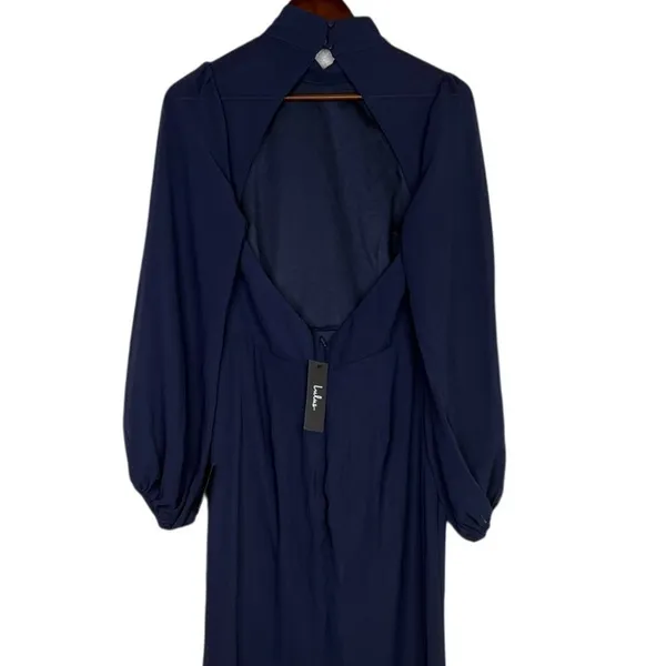 NWT Lulus Graceful Entrance Chiffon Long Sleeve Backless Maxi Dress M Navy Blue - Image 7