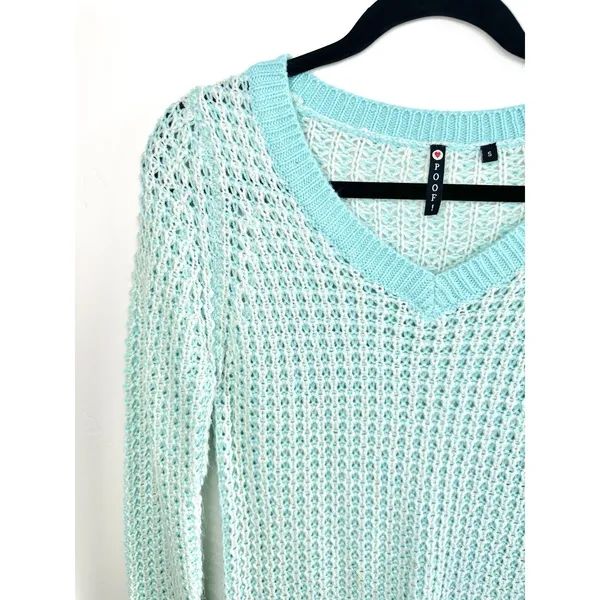 POOF! Womens Size S Open Knit V-Neck Sweater Aqua Blue White Hi-Low Boho Coastal - Image 3
