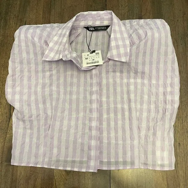 Zara Cropped Lilac Gingham Shoulder Padded Poplin Shirt - Image 3