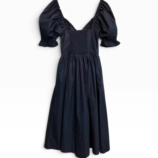 NWT Quince Navy Blue Organic Cotton Puff Sleeve Smocked Midi Milkmaid Dress XS - Image 4