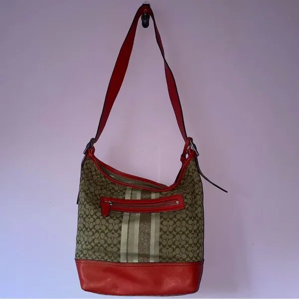 Coach 19918 Legacy Signature Stripe Duffle Bag Red - Image 6