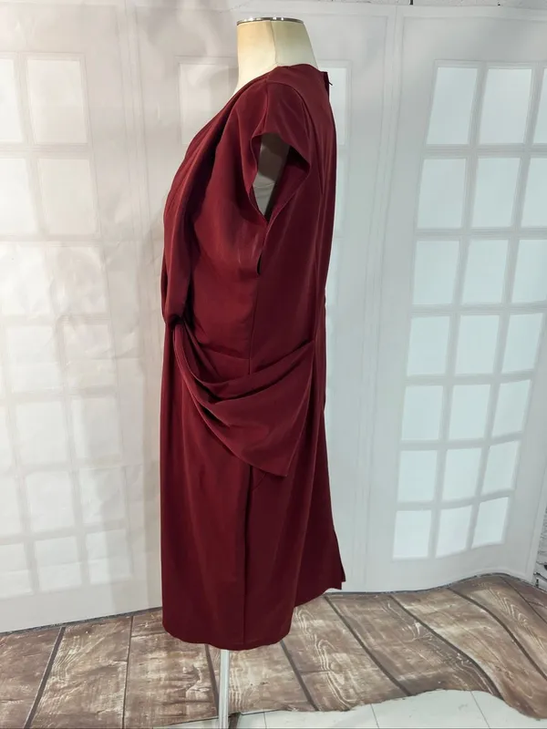 ASOS Oxblood Drape Front Pleated Short Cap Sleeve Midi Pencil Dress Size 14 - Image 6