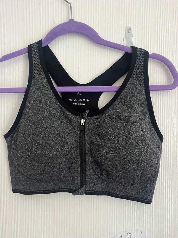 Front-Zip High Support Sports Bra - Nude/Gray - Image 4
