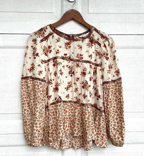 NWT American Eagle Womens Shirt Floral Boho Peasant Long Sleeve Patch Small - Image 2