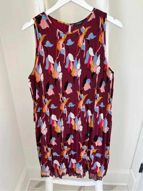 Halogen Pleated Floral-Print Sleeveless Dress - Burgundy Size Large - Image 3