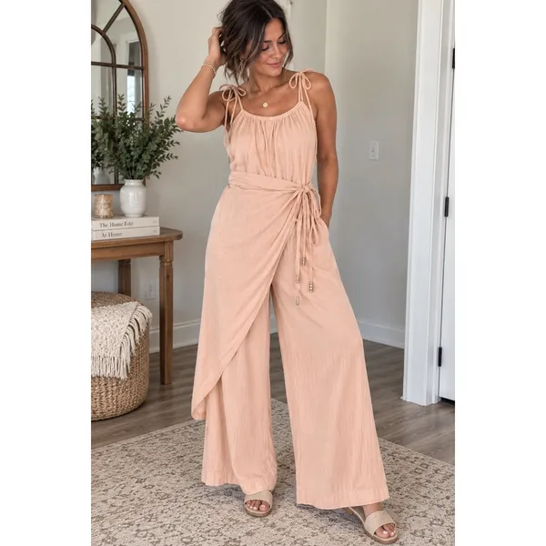 Free People Peach Blush Wide Leg Wrap Overlay Jumpsuit Medium Cotton Gauze Tie - Image 2