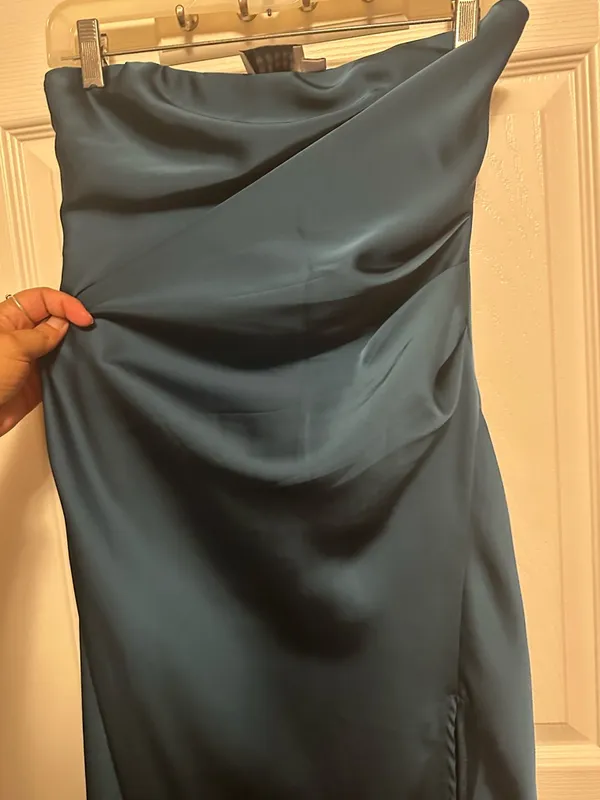 Hello Molly Teal Strapless Satin Midi Dress - Image 4