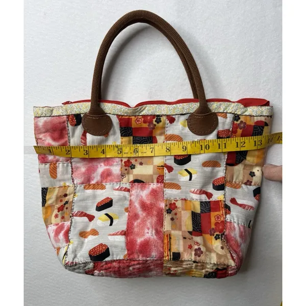 Patchwork Quilted Tote Bag Floral Sushi Patterns Handmade Boho Cottagecore Red - Image 5