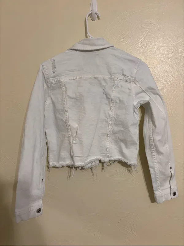 Pistola White Cropped Distressed Denim Jacket Raw Hem Size Small - Image 8